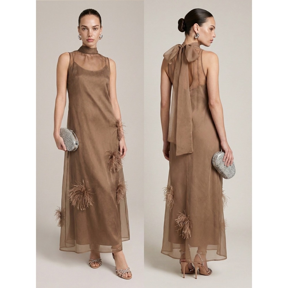 NWT o.p.t Naia Organza Tie Neck Maxi Dress in Oatmeal - Size Small